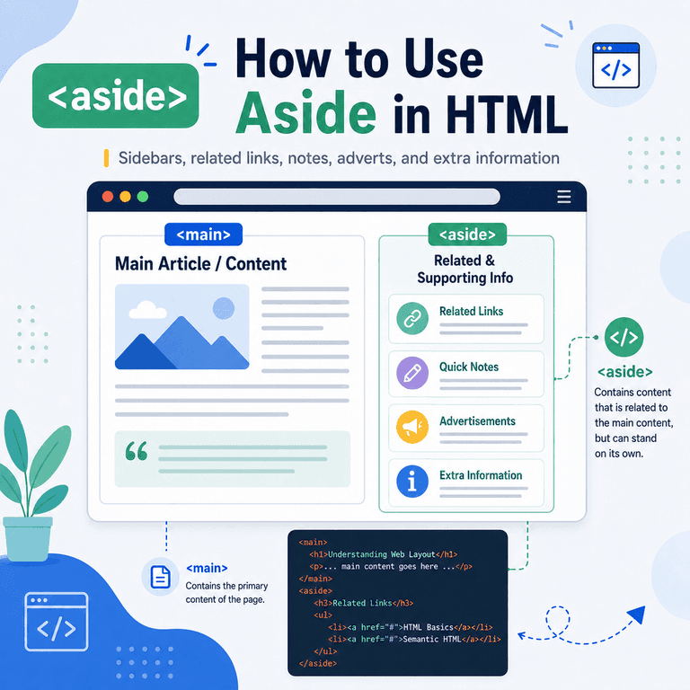 Infographic explaining how the HTML aside element is used for related supporting content such as sidebars, notes, and related links.