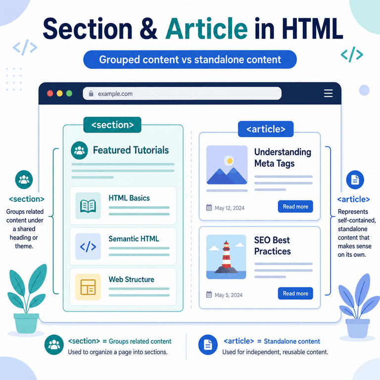 Infographic showing how HTML section and article elements structure grouped and standalone page content.