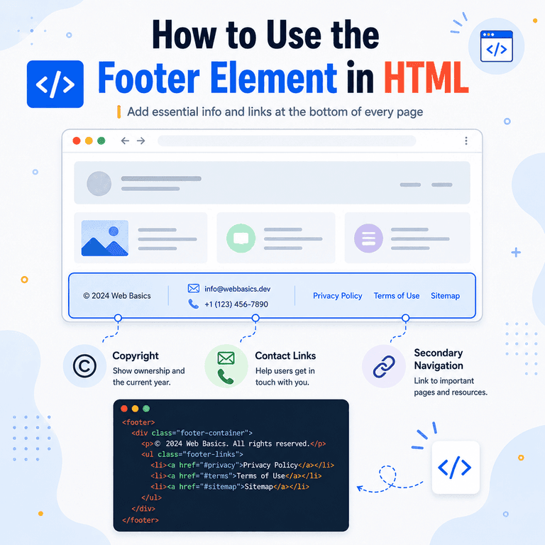 Infographic explaining how the HTML footer element marks supporting content on a web page.