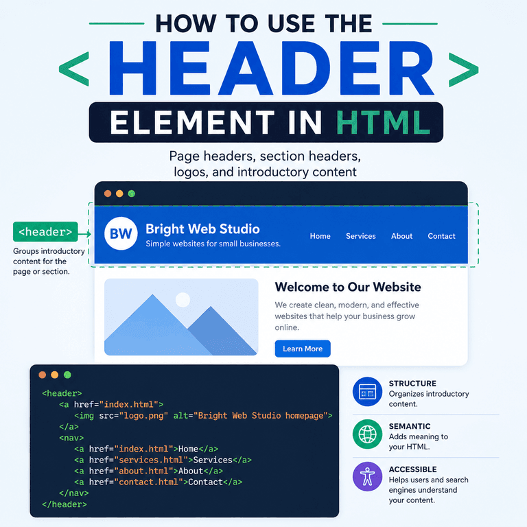 Infographic explaining the HTML header element with labelled examples for a page header, section header, and article header.