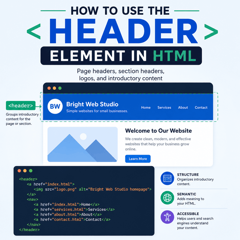 Infographic explaining the HTML header element with labelled examples for a page header, section header, and article header.