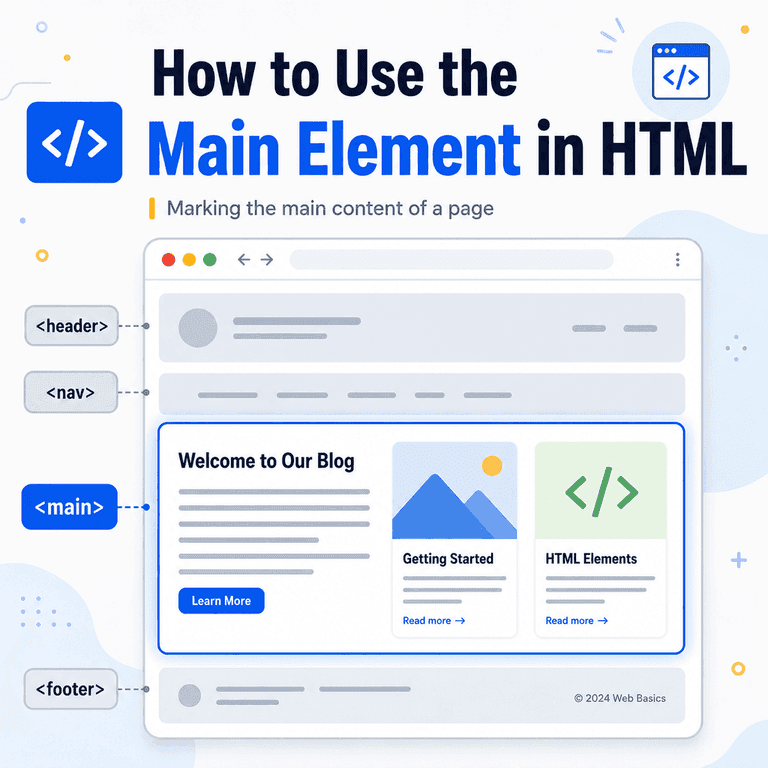 Infographic explaining how the HTML main element marks the central page content.