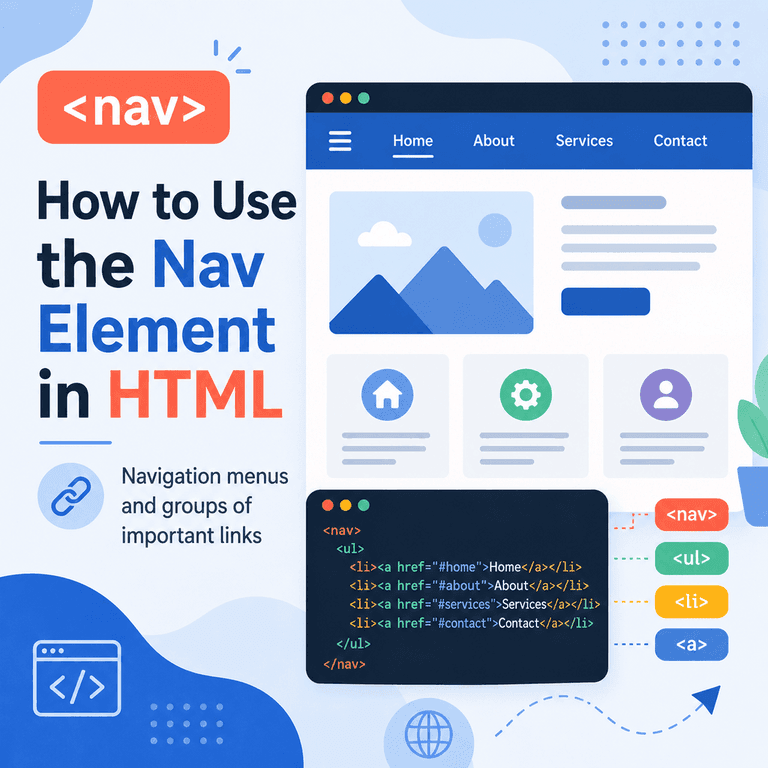 Infographic explaining how the HTML nav element is used for main menus, footer links, breadcrumbs, sidebars, and section navigation.