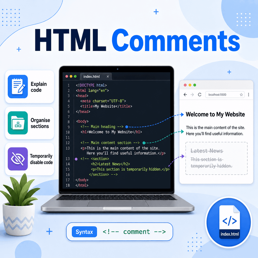 Example graphic showing how to add comments in HTML code.