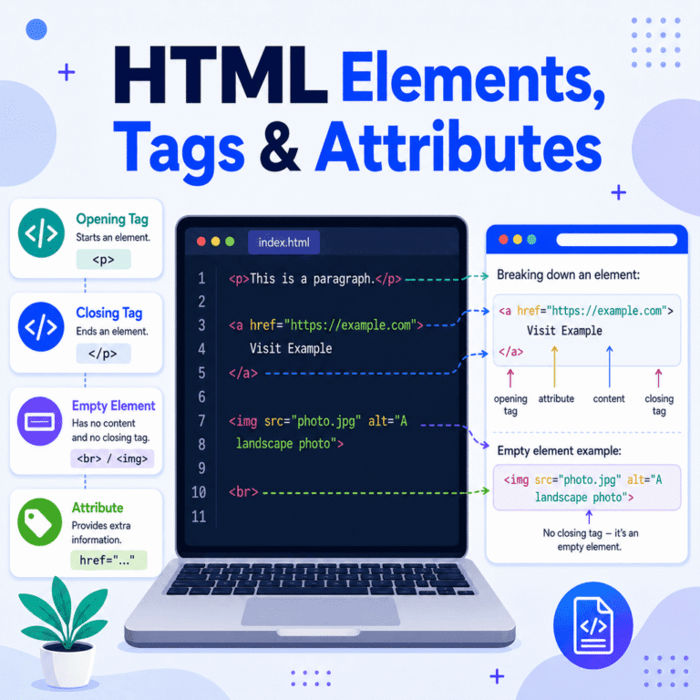 Visual guide explaining HTML elements, tags, and attributes.