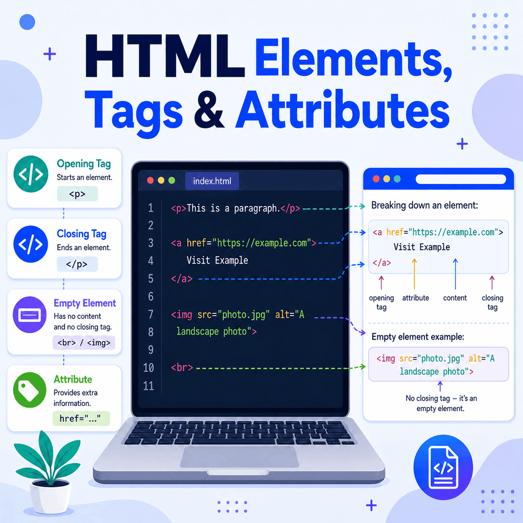 Visual guide explaining HTML elements, tags, and attributes.
