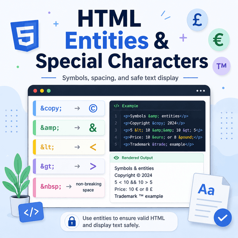 Infographic explaining HTML entities, special characters, ampersands, angle brackets, copyright symbols, and non-breaking spaces.