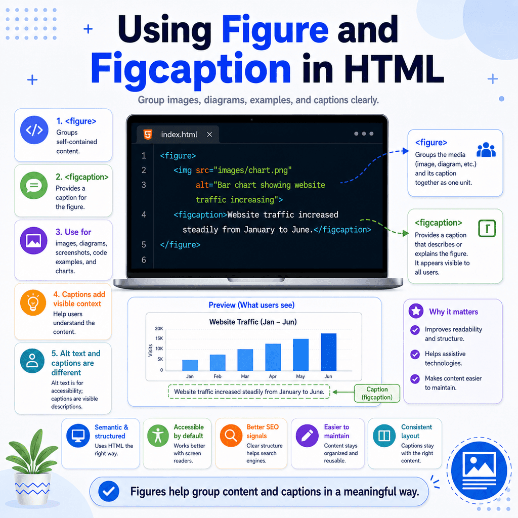 Illustration showing HTML figure and figcaption used to group an image with a caption.