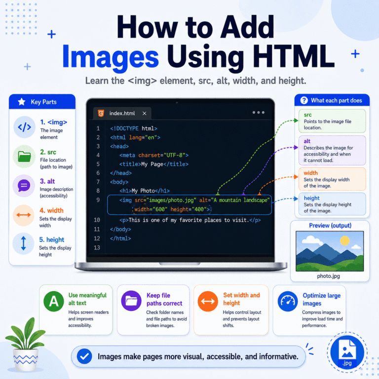 Illustration explaining how to add images in HTML with img, src, alt, width, and height.
