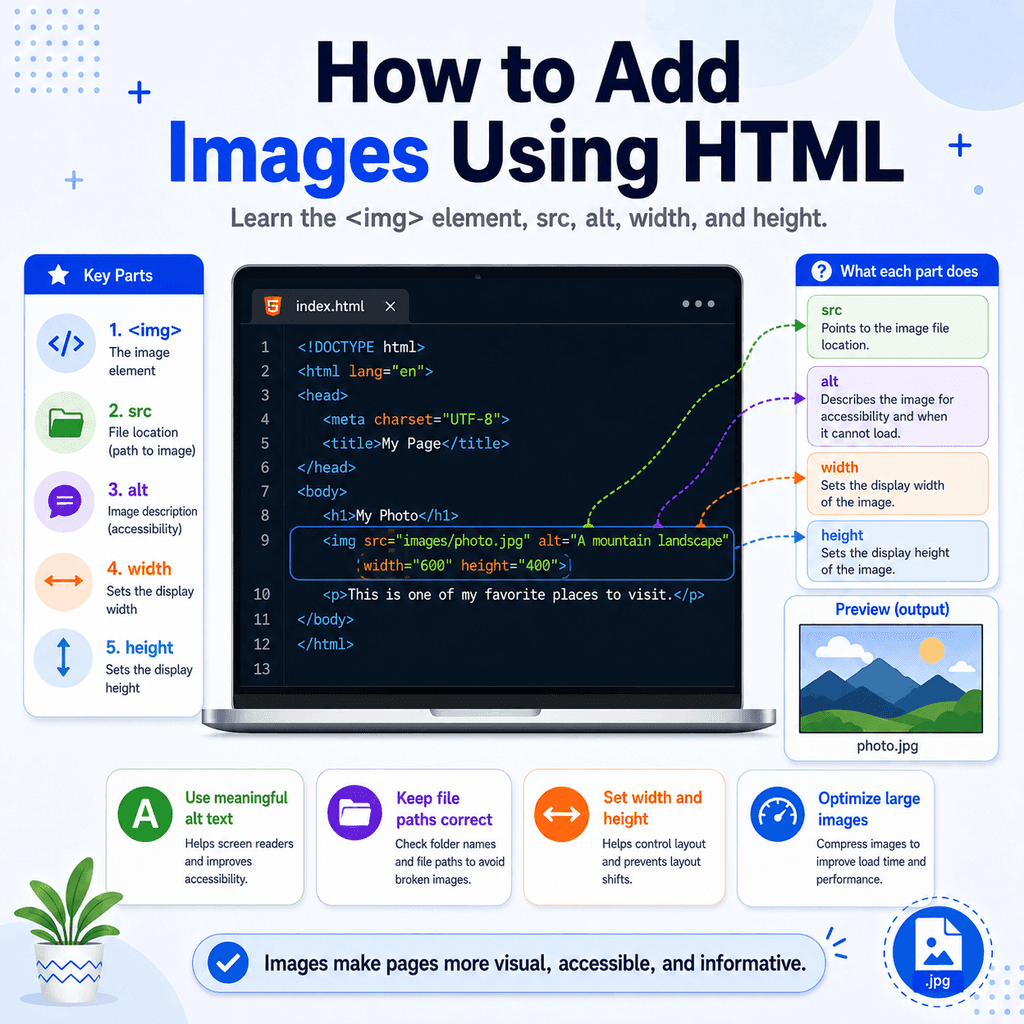 Illustration explaining how to add images in HTML with img, src, alt, width, and height.