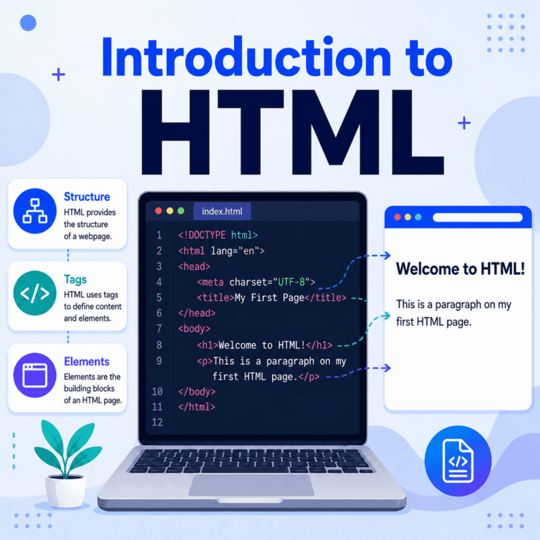 Illustrated introduction to HTML showing basic page elements and code concepts.