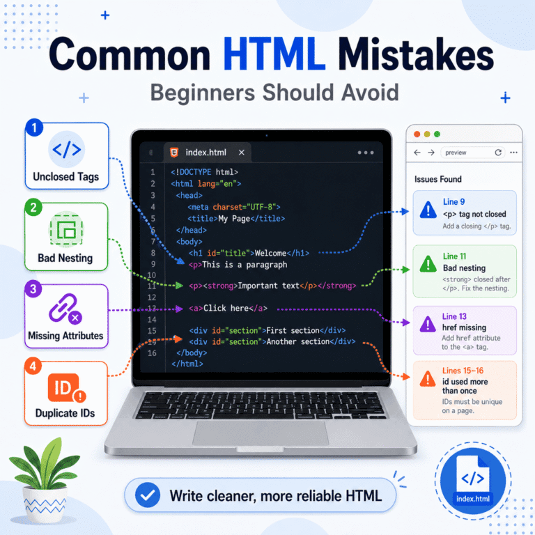 Checklist-style illustration of common beginner HTML mistakes to avoid.