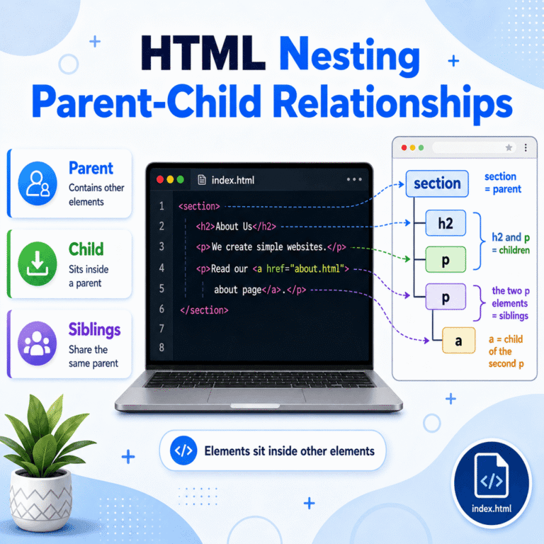 Nested HTML element diagram showing parent and child relationships.