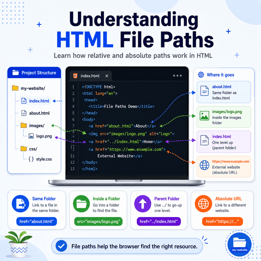 Visual guide to HTML file paths with folders, files, and relative link examples.