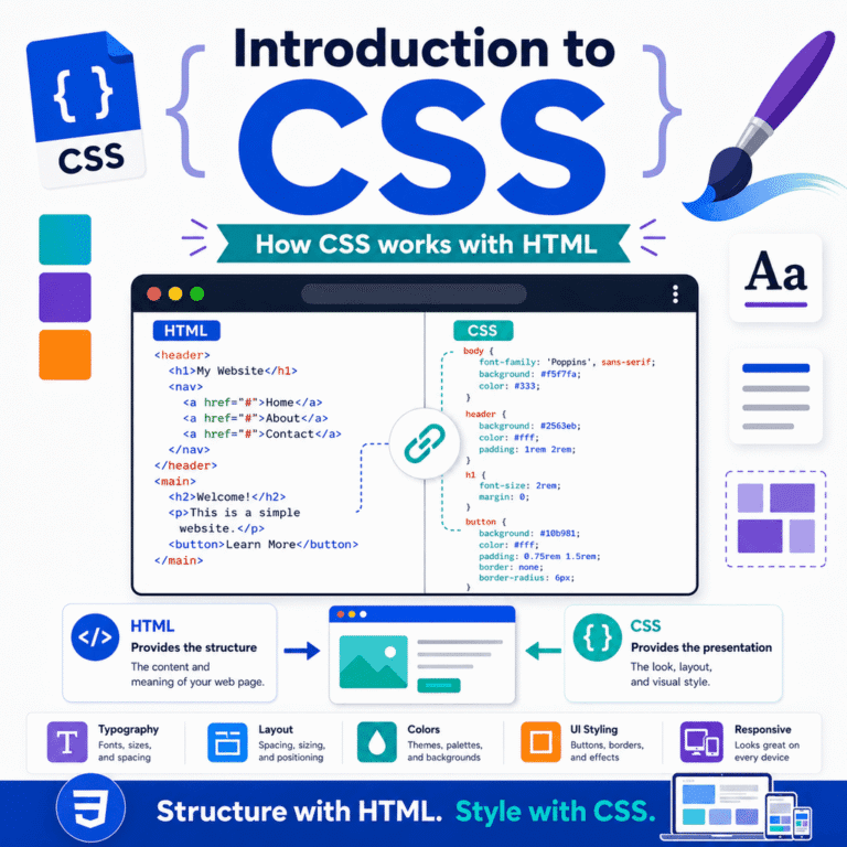Infographic introducing CSS and explaining how CSS works with HTML to control web page presentation, layout, typography, colours, UI styling, and responsive design.