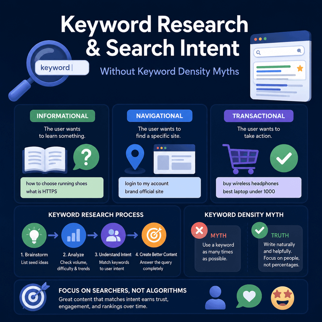 Infographic showing keyword research as evidence gathering for user language, search intent, expected page format, buying journey, and content fit, with warnings against keyword-density myths.