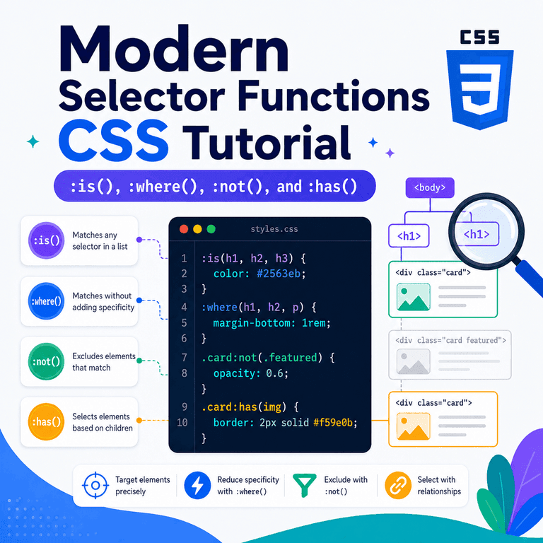 Infographic explaining CSS selector functions including :is(), :where(), :not(), and :has().