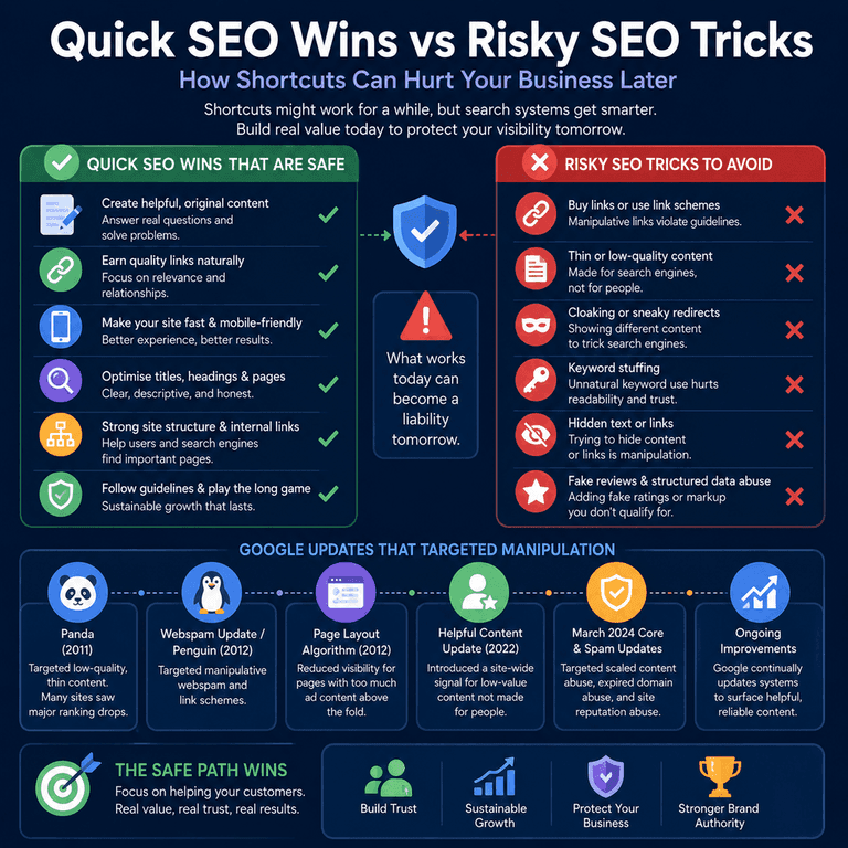 Infographic comparing safe quick SEO wins with risky SEO tricks that can harm search visibility after search quality and spam updates.
