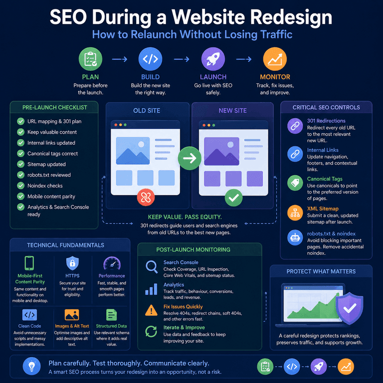 Infographic showing SEO controls for a website redesign, including URL mapping, redirects, internal links, canonicals, sitemaps, robots.txt, noindex checks, mobile parity, analytics, and monitoring.