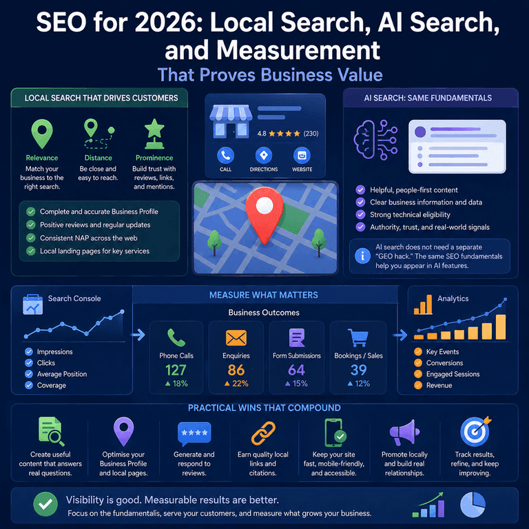 Infographic showing SEO strategy for 2026, connecting local search, AI search, Google Business Profile, reviews, landing pages, analytics, leads, enquiries, and phone calls.