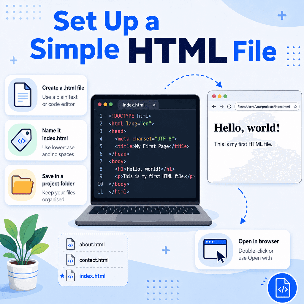 Illustration showing the steps for creating and opening a simple HTML file.