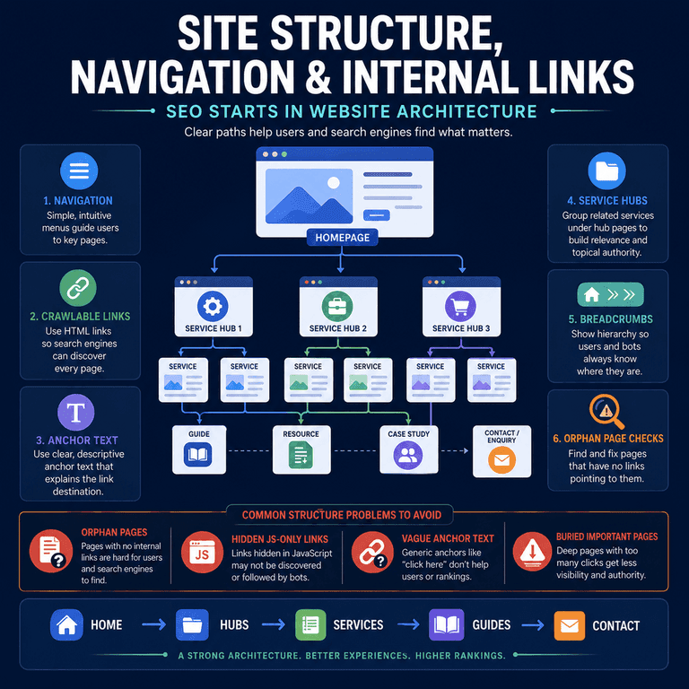 Infographic showing SEO website architecture with navigation, crawlable internal links, descriptive anchor text, service hubs, breadcrumbs, and orphan page checks.