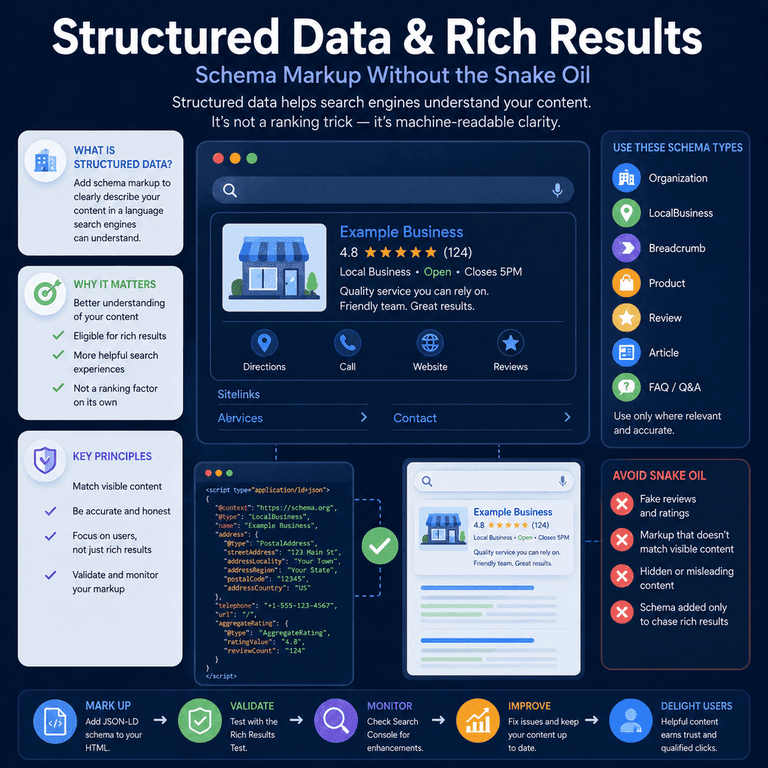 Infographic explaining structured data and rich results, including schema markup types, validation, and warnings about fake ratings and hidden content.