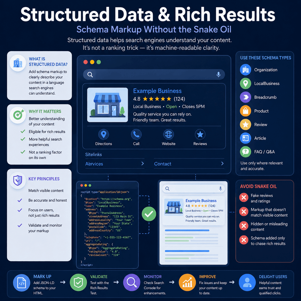 Infographic explaining structured data and rich results, including schema markup types, validation, and warnings about fake ratings and hidden content.