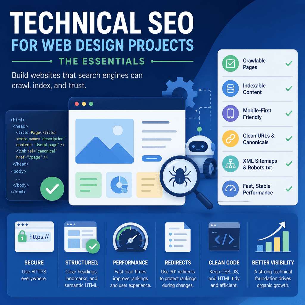 Infographic explaining technical SEO essentials for web design projects, including crawlability, indexing, mobile parity, redirects, canonicals, sitemaps, robots.txt, JavaScript risks, HTTPS, and URL structure.