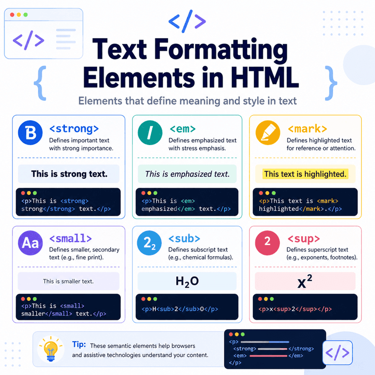 Infographic explaining common HTML text formatting elements and what each one is used for.