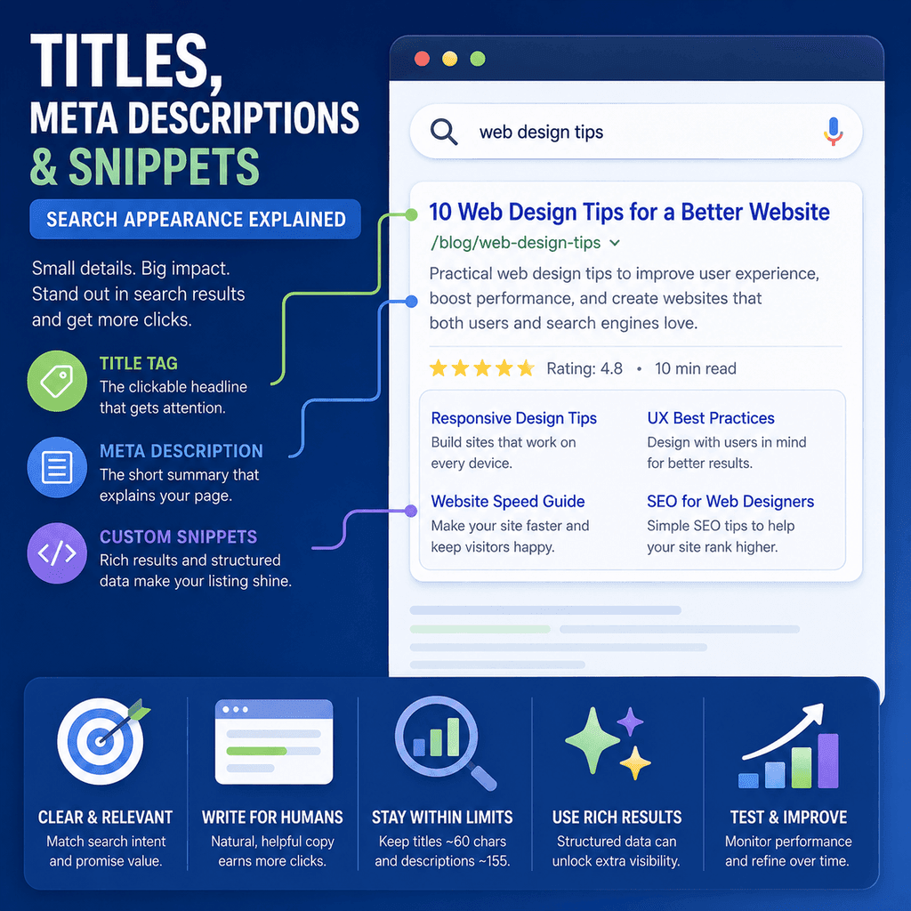 Infographic explaining SEO search appearance, including title links, meta descriptions, snippets, sitelinks, headings, and expectation matching.