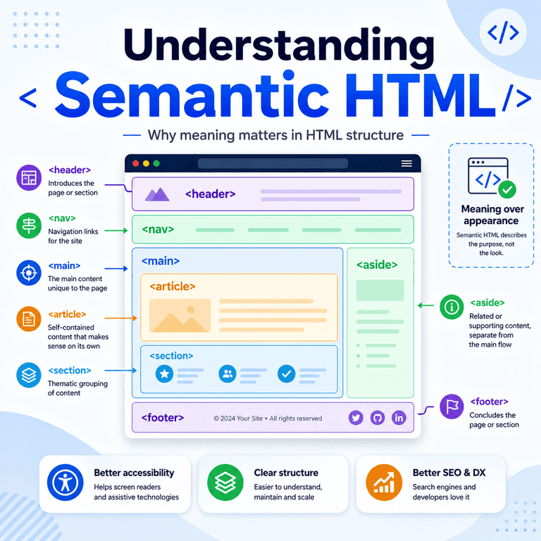 Infographic showing semantic HTML page structure with labelled elements such as header, nav, main, article, section, aside, and footer.