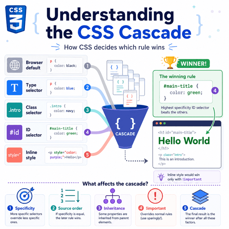 Infographic explaining the CSS cascade with specificity, source order, inheritance, inline styles, and important declarations.