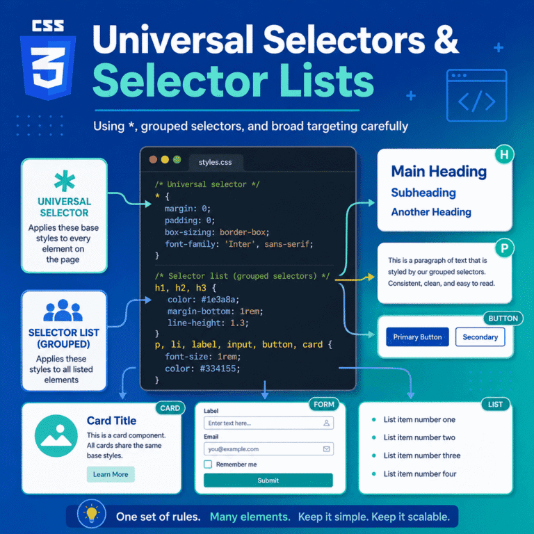 Infographic explaining CSS universal selectors and selector lists, including the asterisk selector, grouped selectors, broad targeting, box-sizing, resets, and common mistakes.