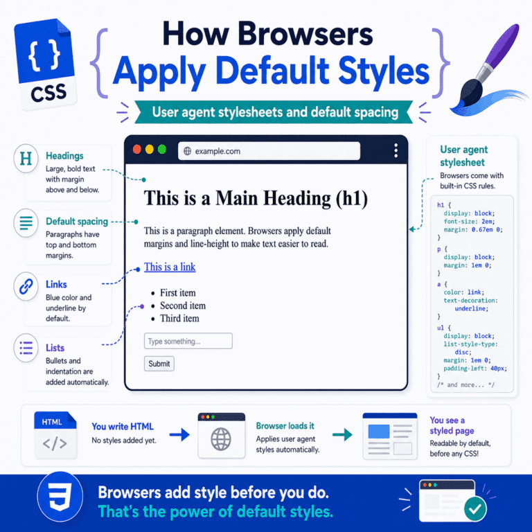 Infographic explaining how browsers apply default styles to HTML elements using user agent stylesheets.