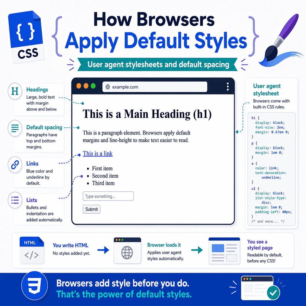 Infographic explaining how browsers apply default styles to HTML elements using user agent stylesheets.