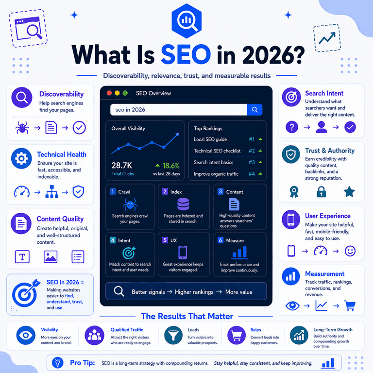 Infographic explaining SEO in 2026 as the work of making a website discoverable, understandable, useful, and measurable in organic search.